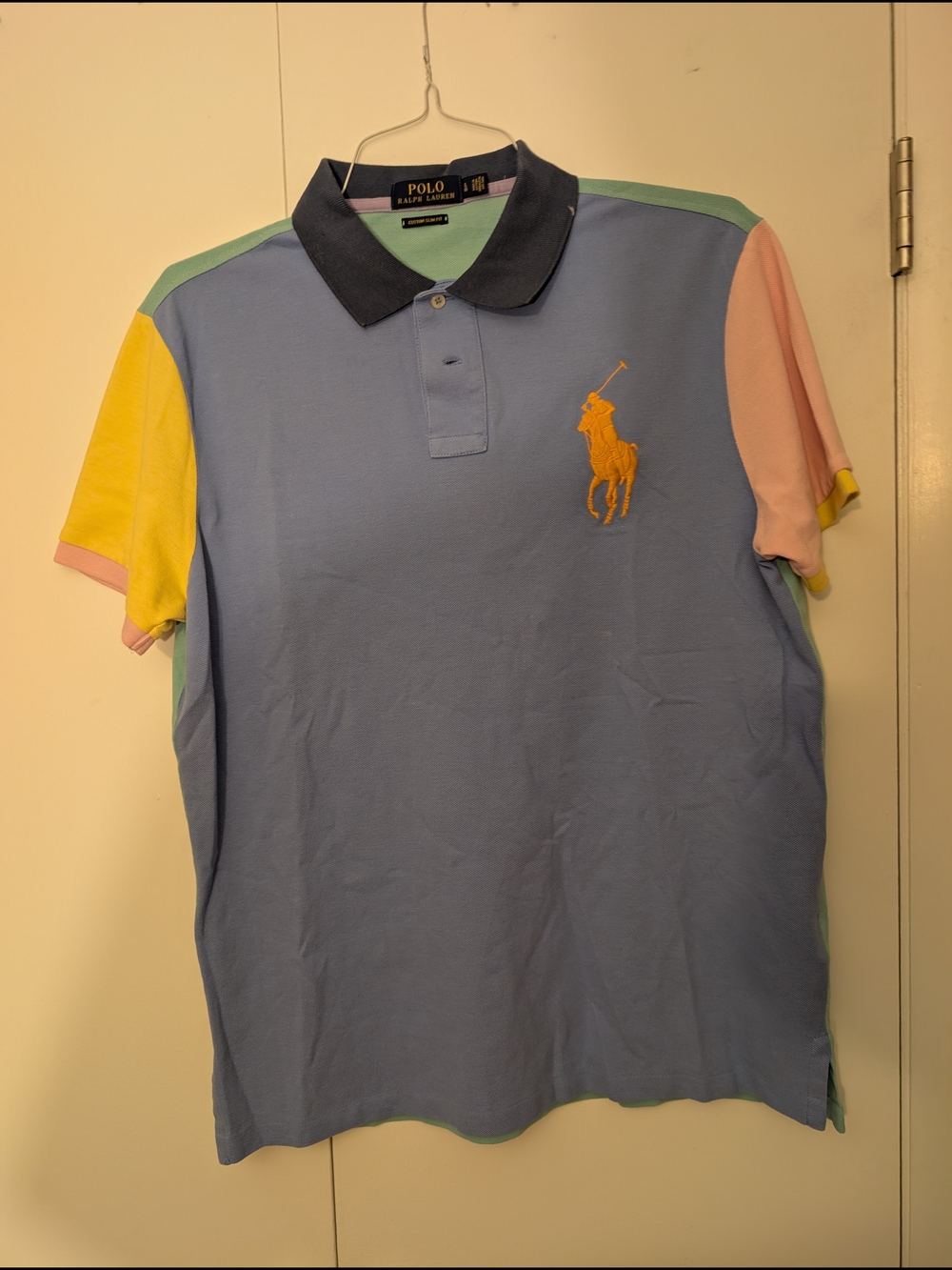 Ralph Lauren Multicolor Patchwork Polo with Navy Collar Slim Fit